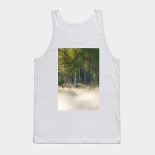 Small foggy forest pond at sunrise summer morning Tank Top